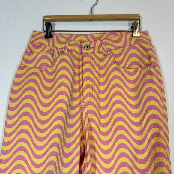 The Ragged Priest Dad Jeans in Wave Print Denim Yellow Pink 28 - Picture 7 of 16